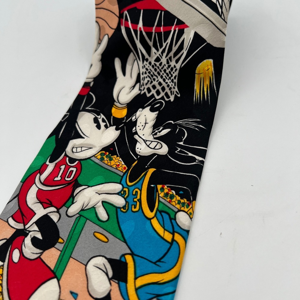 Vintage Disney Store Mickey Mouse Goofy Basketball Silk Tie Black Red